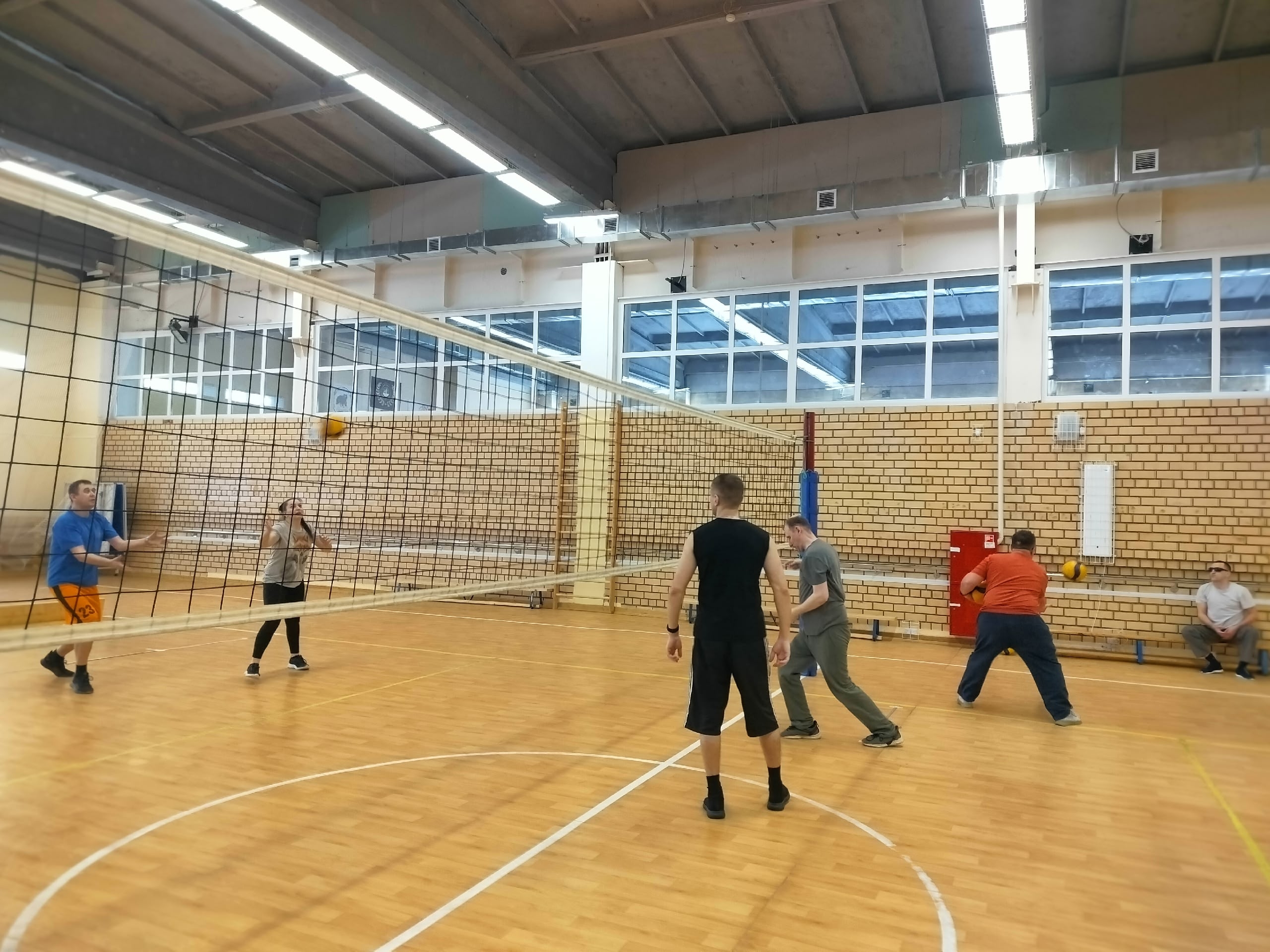 Группа людей играет в волейбол на спортивной площадке, женщина прыгает за мячом.