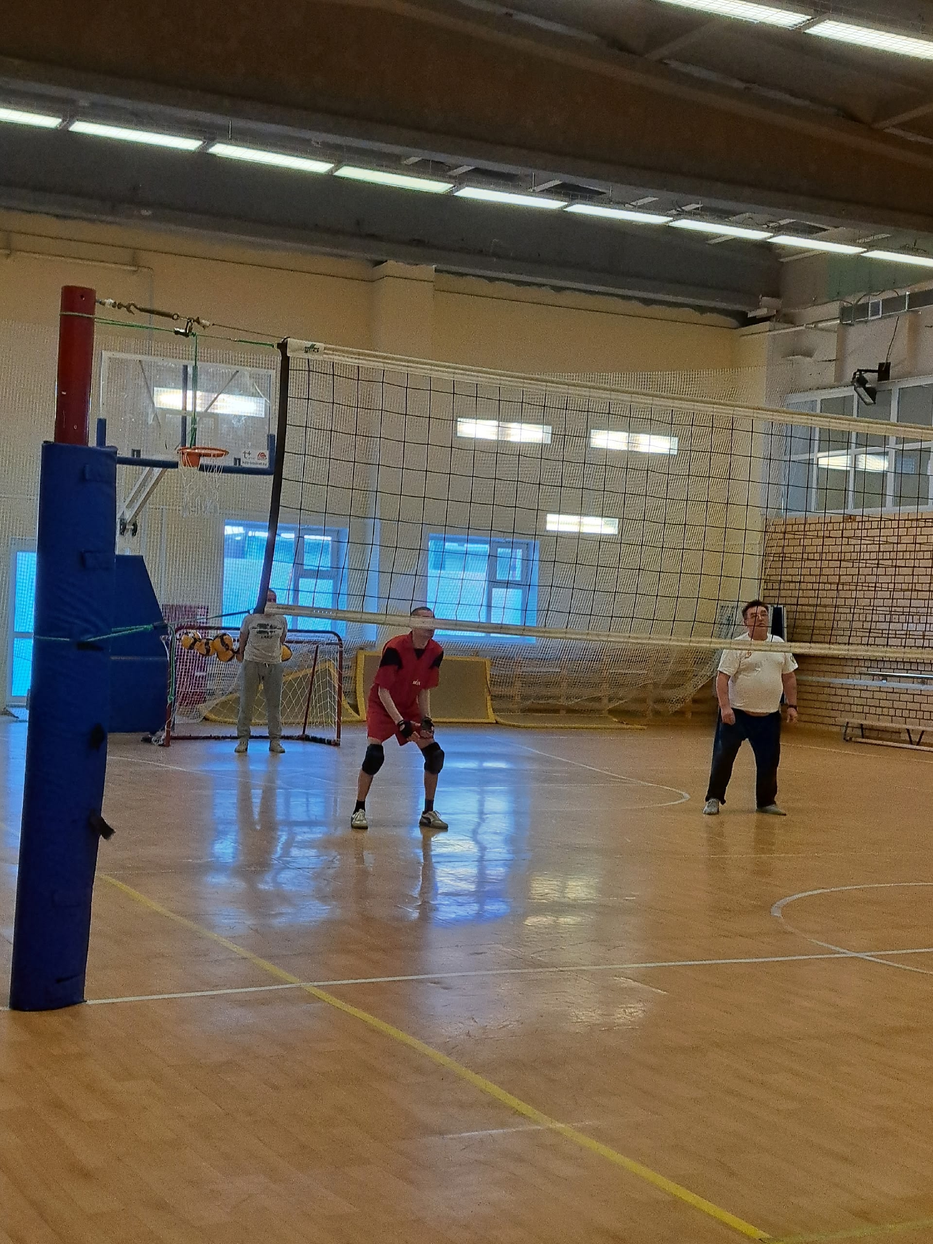 Спортсмены на волейбольной тренировке в зале.